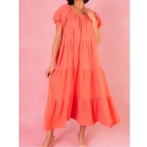NWT Ivy City Co. Women’s Medium Harvey Coral Tiered Maxi Dress Puff Sleeves